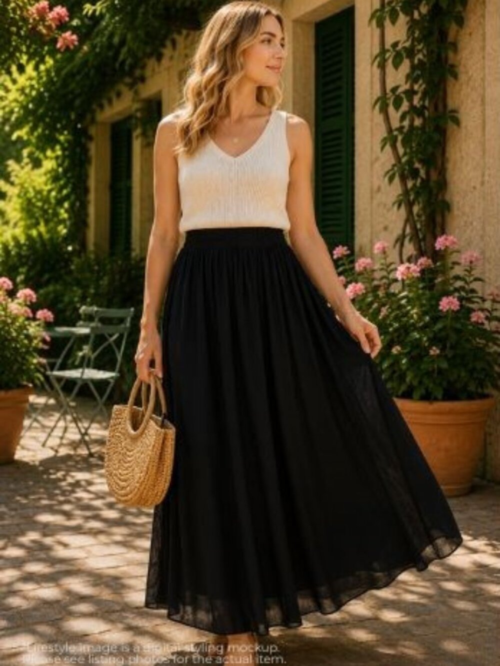 Black Chiffon Maxi Skirt 2X Women's Elastic Waist Flowy Lined Boho Modest